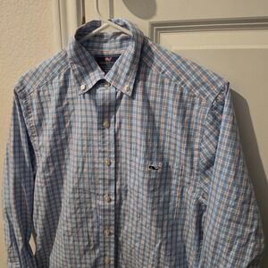 Vineyard Vines Mens Slim Fit Tucker Shirt Blue Orange Plaid Cotton Small S